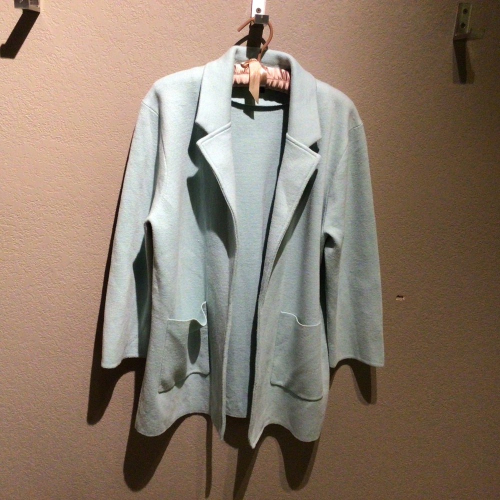 J Crew knit coat, blue, sz L cotton, merino wool, polyester blend